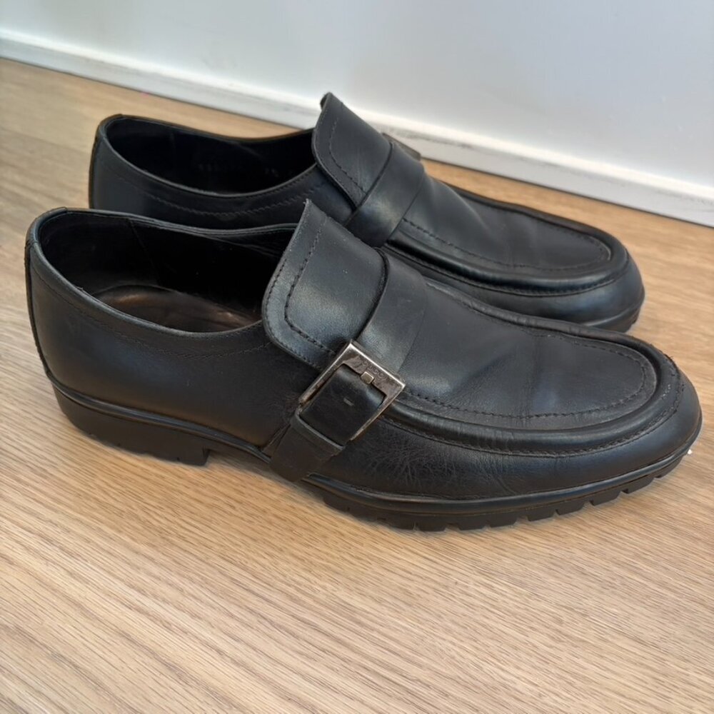 Gucci Loafers Buckle Heel Size 7.5 Leather Black Mens